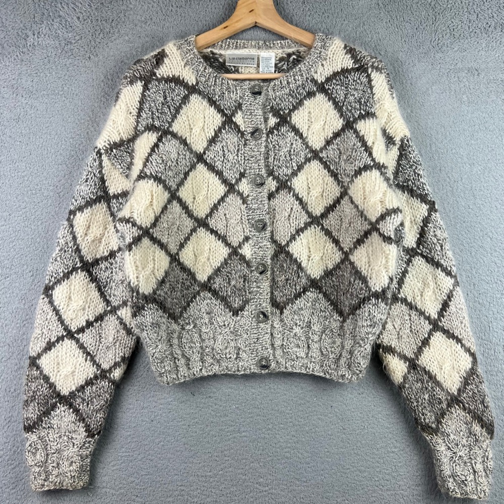 Liz Claiborne Collection Argyle Mohair Wool Blend Hand Knit Cardigan Grey Small